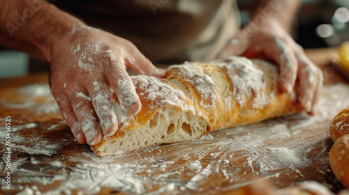 Chef's hands holding freshly baked floured ciabatta lying on a wooden board