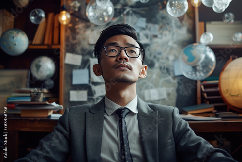 Man in gray suit and glasses sitting in vintage office with globes and books. Scholarly portrait with thoughtful expression. Education and global studies concept. Horizontal orientation