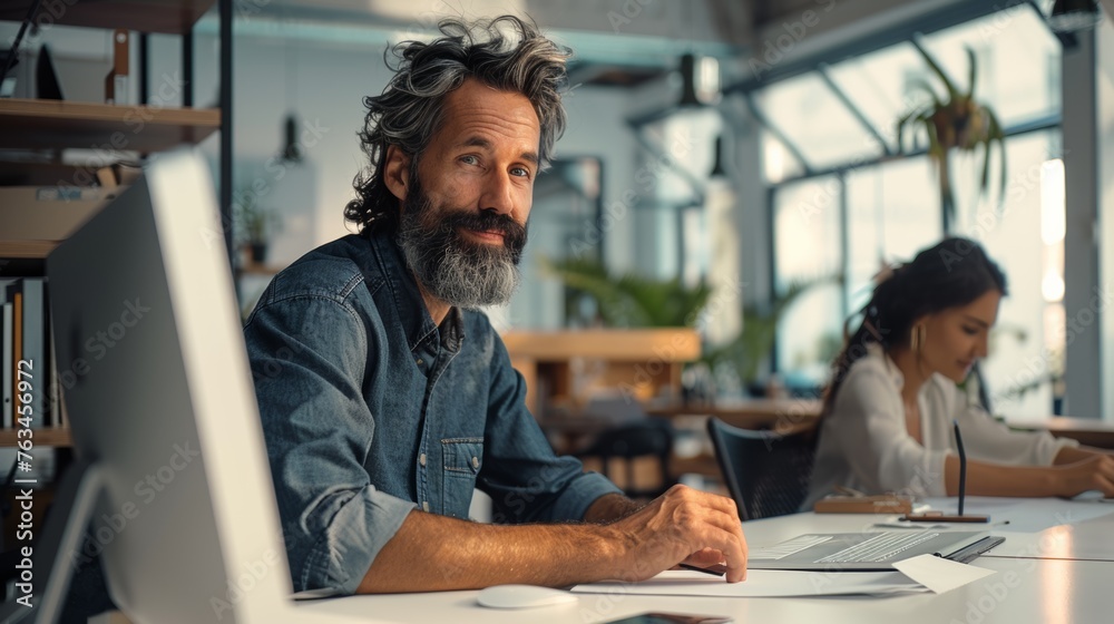 Fototapeta premium Cheerful man with grey hair and beard, smiling at the camera, colleague working in the background, creative office environment.