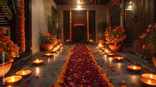 Diwali candle decorations of the home entrance. Modern house decor. photo