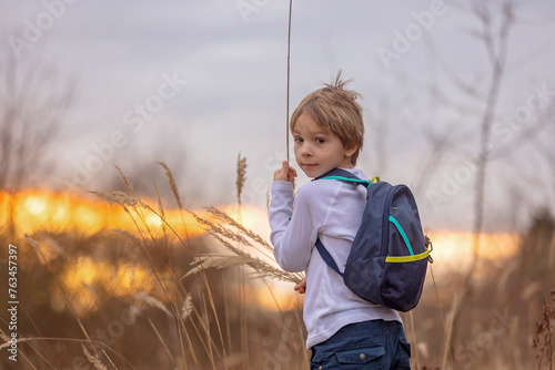 Adorable little child, boy, holding fild flowers in park on autumn day, sunset