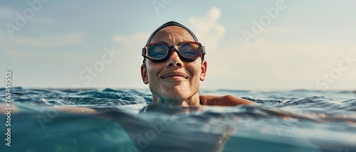 Swimmer in ocean, close-up, goggles, swimming, sea, water sports, fitness, clear sky, training, active lifestyle © Iona