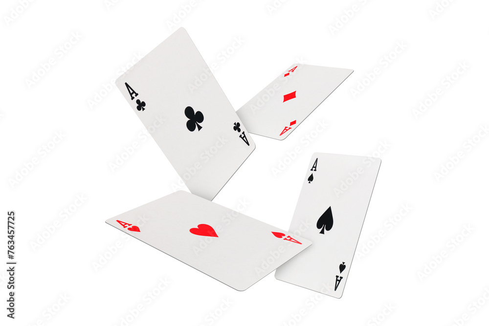 Four aces of diamonds clubs spades and hearts falling playing cards on transparent background Four aces of diamonds clubs spades and hearts falling playing cards on transparent background