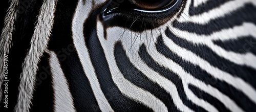 Zebra's eye staring at camera with dark background photo