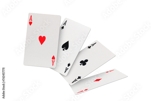 Four aces of diamonds clubs spades and hearts falling playing cards on transparent background © Nofi