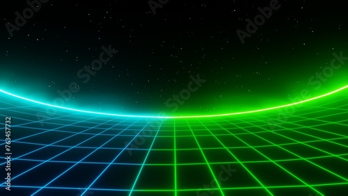 3d abstract retro way in green blue disco colors. Neon 80s 90s retrowave chrome road. cyberpunk futuristic background.. Glow sci-fi laser blinking rotating synthwave music template.