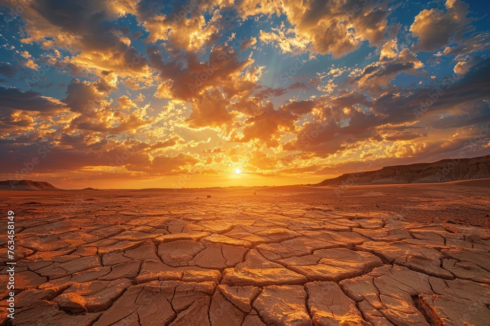 panoramic photo of a breathtaking sunrise over a barren sandy dry falt land - obrazy, fototapety, plakaty 
