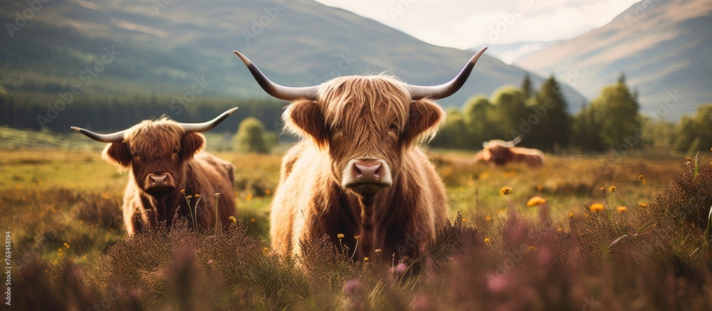 Two cows in a field with mountain backdrop - obrazy, fototapety, plakaty 