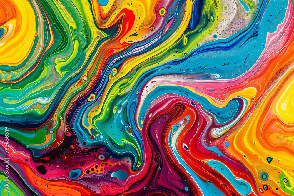 Naklejka premium Abstract marbled acrylic paint ink painted waves painting texture colorful background banner - Bold colors, rainbow color swirls wave