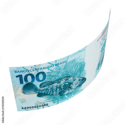 Money bills. Brazilian one hundred reais notes. Finance concept. Transparent background. photo