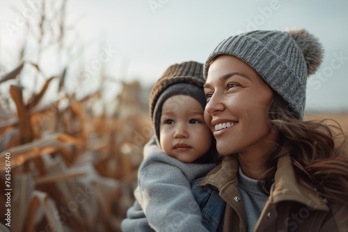 Smiling woman and child in winter hats, enjoying outdoor moments, signifying family and joy.