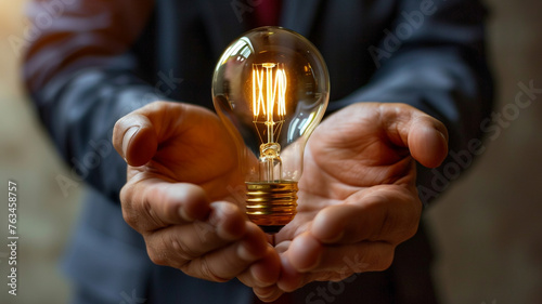Detailed view of a light bulb held within the palms of a businessman's hands, symbolizing the illumination of innovative business concepts and strategies