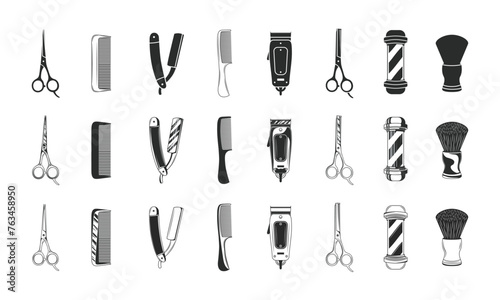 24 Haircut or barbershop icons and elements isolated on white background. 8 Barbershop and haircuts salon design elements in 3 other styles. Vintage and simple barber icons. Vector illustration