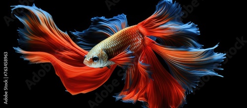 Close up of fish with vibrant red and blue tail