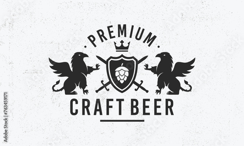 Premium Beer logo. Beerhouse vintage logo. Beer Store logo with heraldic Griffins and grain texture. Logo, Poster for pub, restaurant, beer shops, package design. Vector illustration photo
