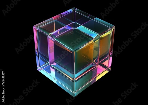 A multicolored cube is displayed on a solid black background. The cube features various hues and shades, creating a vibrant and eye-catching contrast against the dark backdrop