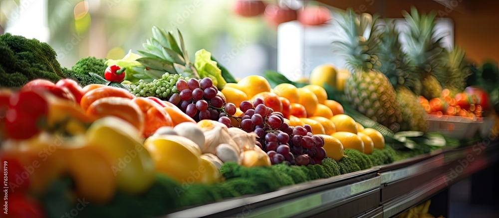 Fresh fruits and vegetables on display in store