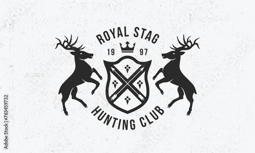Hunt Club Crest. Hunting Club vintage logo. Hunt logo with heraldic deers and grain texture. Trendy hipster design. Logo, Poster for pub, restaurant, beer house, hunting club Vector illustration