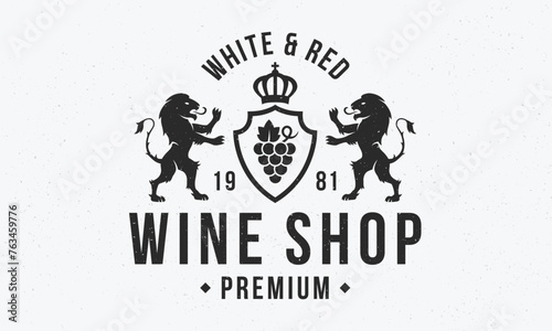 Wine Crest logo. Wine shop vintage logo. Wine logo with heraldic Lions and grain texture. Trendy hipster design. Logo, Poster for wine shop, label design. Vector illustration
