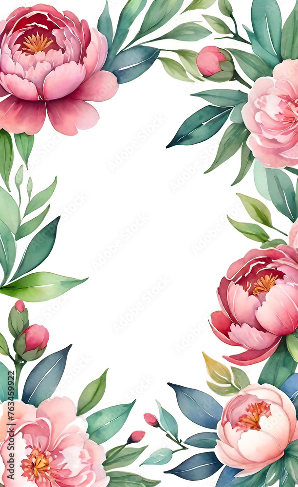 Watercolor illustration of floral frame with peonies flowers for greeting card design, wedding invitation, happy birthday, smartphone backgrounds,