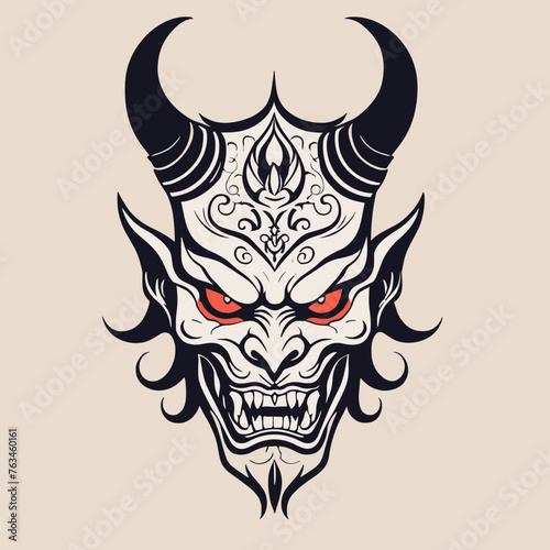 Intricate black and red mask design of a fierce demon with horns and sharp teeth against a beige background.