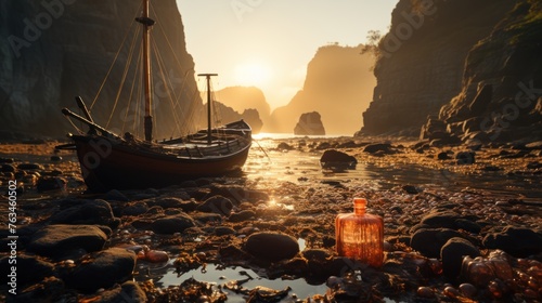 a bottle on a rocky beach with a ship in the background photo