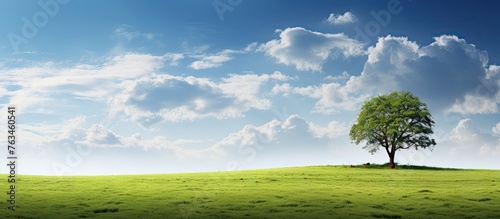 Lonely tree in vast green meadow under clear blue sky