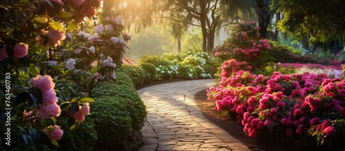 A pathway in a park close up with blooming flowers