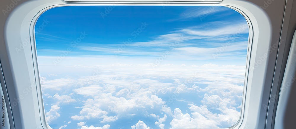 Fototapeta premium View of Clear Blue Sky and White Clouds from Aircraft Window