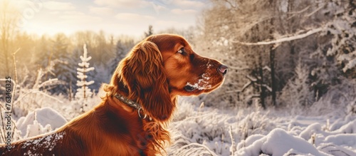Dog sitting peacefully in snow, Irish Setter searching for birds in forest photo