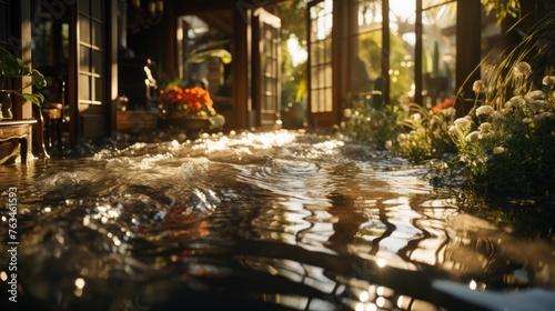 Sunlight streams into a flooded room photo
