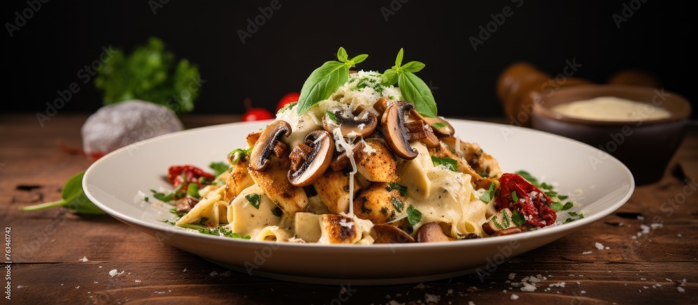 Plate of pasta with savory mushroom sauce Plate of pasta with savory mushroom sauce