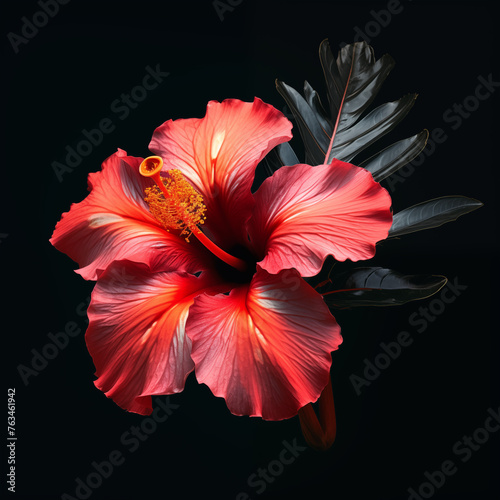 tropical flower with iridescent color black empty background