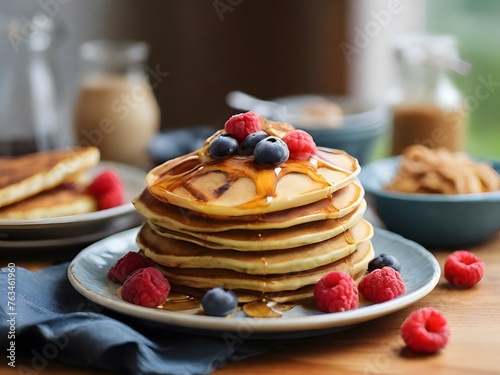 Stack of homemade pancakes with fresh berries and maple syrup  selective focus