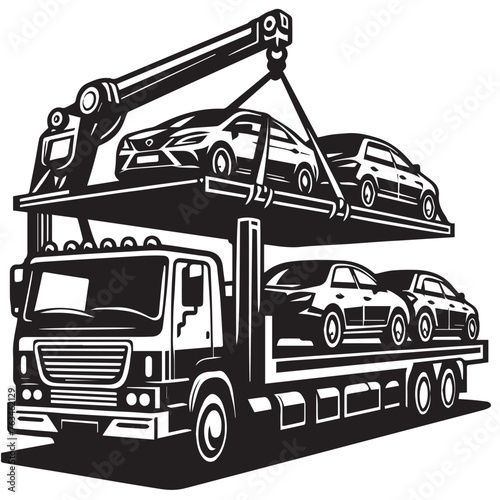 Car carrier trailer side view. Black and white illustration. Car hauler icon, Car Hauler Vectors: Various Poses of Trucks and Trailers Lifting Cars