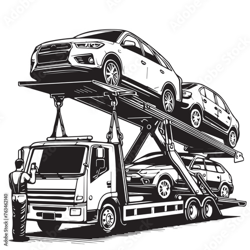 Car carrier trailer side view. Black and white illustration. Car hauler icon, Car Hauler Vectors: Various Poses of Trucks and Trailers Lifting Cars