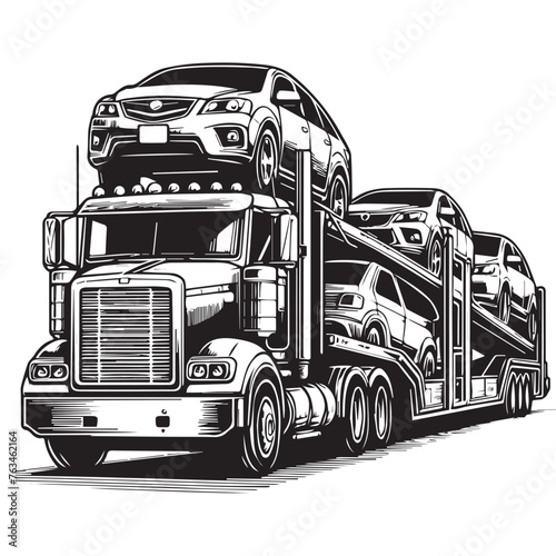 Car carrier trailer side view. Black and white illustration. Car hauler icon, Car Hauler Vectors: Various Poses of Trucks and Trailers Lifting Cars