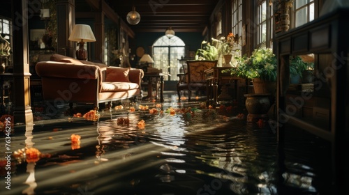 Sunlight streams into a flooded room