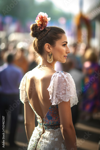 Young woman wearing traditional flamenco dress at Seville April Fair (Feria de Abril de Sevilla). Generative Ai