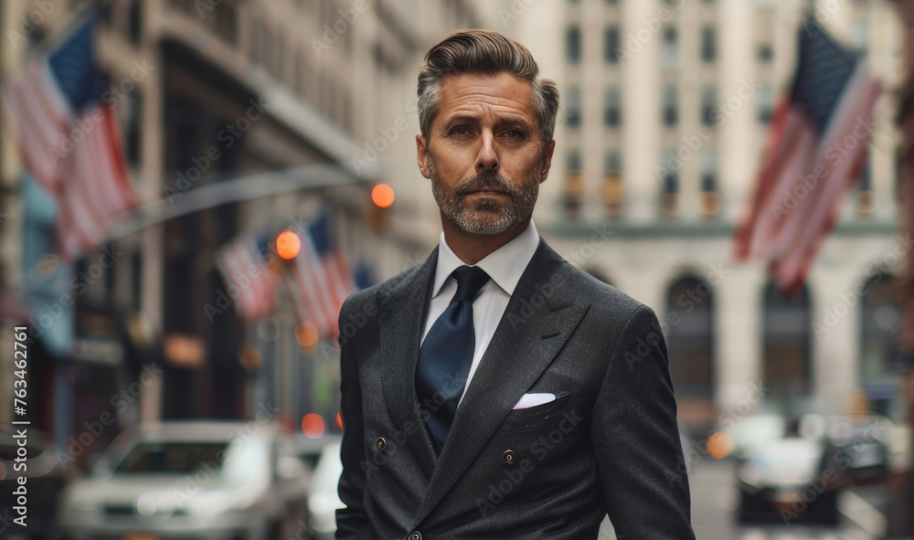 Well-dressed man in a suit walks with purpose on a New York City street