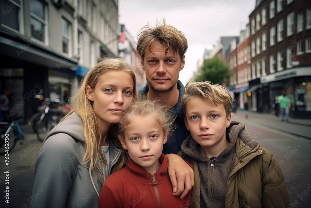 Scandinavian family man, woman, children talking head shoulders White shot bokeh out of focus background on a cosmopolitan western street vox pop website review or questionnaire candid photo