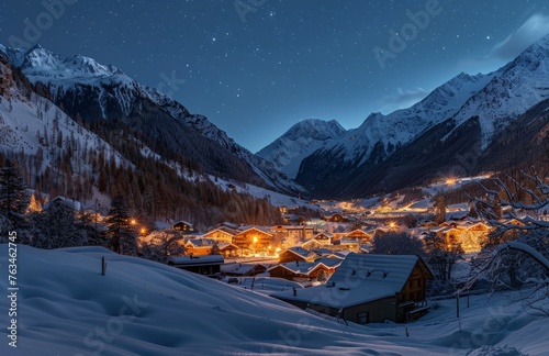 A mountain town covered in snow illuminated by bright lights in the darkness of night