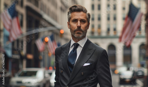 Obraz na płótnie Well-dressed man in a suit walks with purpose on a New York City street w salonie
