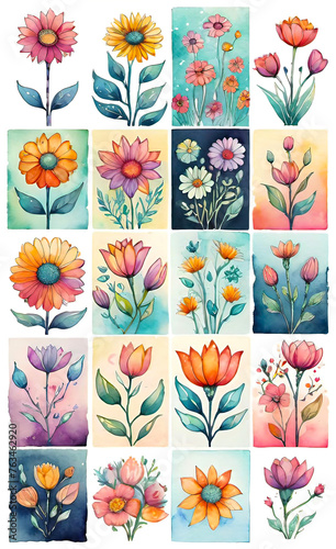 Watercolor illustration of a set of flowers for decoration, squares with flowers, seamless pattern for fabric print, wallpaper, line art, doodle, cartoon pattern, smartphone backgrounds,