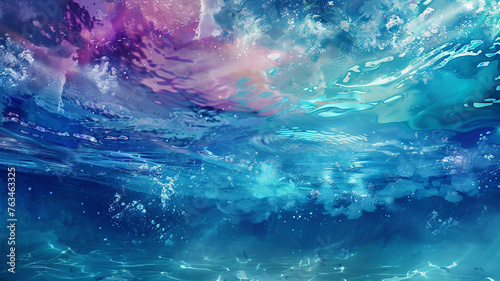Watercolor hues blending gracefully underwater, fantasy model absent