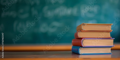 Close-up of a stack of school textbooks books on a wooden table against the background of a blurred educational chalkboard in classroom. Concept of back to school, learning, school times, banner 