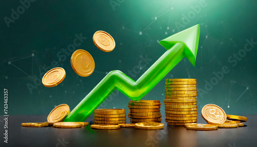 3d render chart arrow and flying coins. Green flexible stock arrow up growth icon. Investment photo