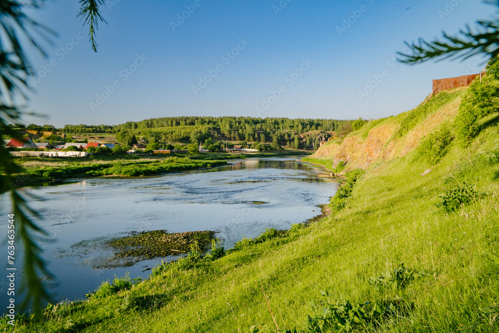 Summer Day Riverside with Hanging Bridge