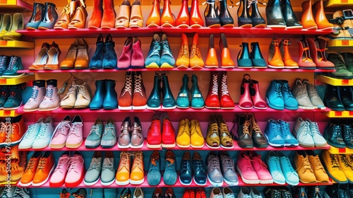 Shoes arranged meticulously on store shelves create a stylish backdrop, beckoning shoppers to explore the latest footwear trends