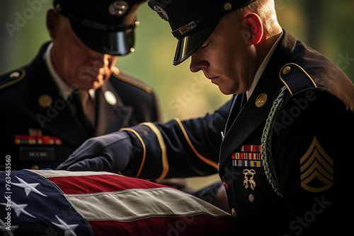 Generative ai picture of soldier grieving over a casket draped with the USA flag loss and patriotism